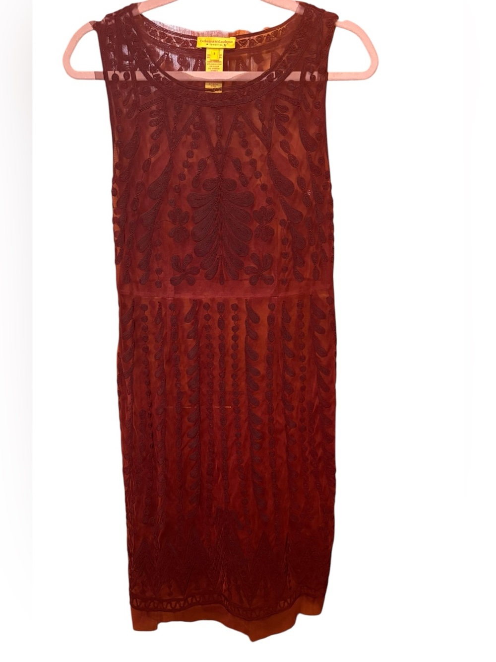Catherine Malandrino Sheer Embroidered Mesh Midi Dress Size 8 Burgundy